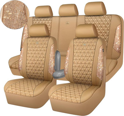 CAR PASS Bling Diamond Beige Leather Car Seat Covers Full Sets Interior Set, Waterproof Shining Glitter Sparkly Crystal Universal Armrest Fit for Automotive Truck SUV Cute Women Girl, Beige Rhinestone - Image 9