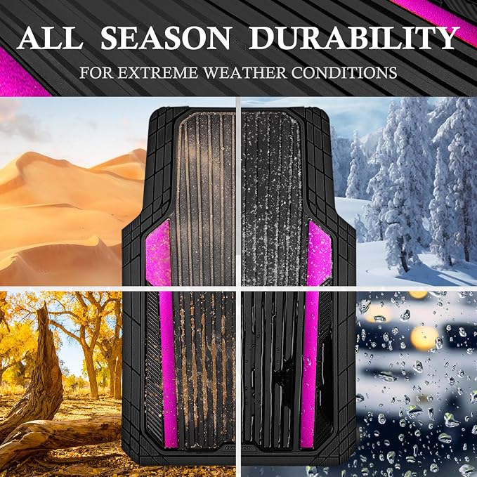 CAR PASS Heavy Duty Rubber Car Mats Metallic, Aluminum Film All Weather Floor Mats Waterproof Universal Trim to Fit for SUV Sedan Van 4 Piece Anodized Deep Dish Two-Tone Sporty Black Hot Pink Chrome - Image 3