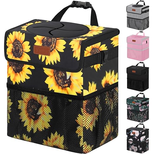 Vankor Car Trash Can with Lid Leak Proof Car Accessories for Women | 3 Gallon Cute Hanging Car Trash Bin for Men Car Truck Vehicle Sedan SUV Interior Automotive Garbage Cans, Sunflower by Vankor