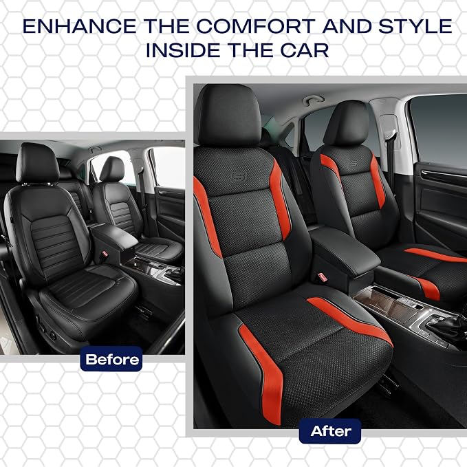 Skechers Memory Foam Leather Car Seat Covers, Air Cool Mesh Thick Seat Covers, Car Seat Covers Front Seats, Airbag Compatible, Automotive Comfort for Most Cars, Vans, Trucks, SUV,Orange - Image 6
