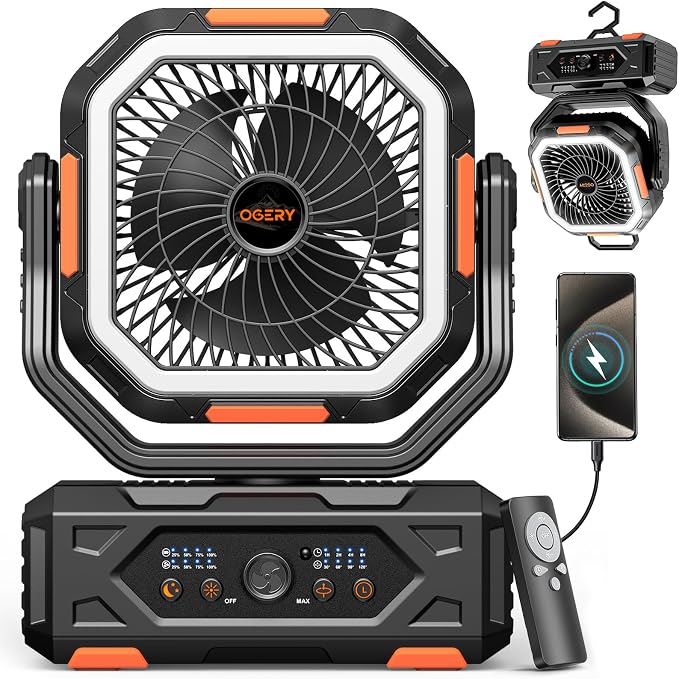 OGERY Portable Fan Rechargeable, 30000mAh Camping Fan for Tent, RV & Outdoor with Up to 322H Runtime, Battery Powered Fan with Remote, LED Lantern, Stepless Speed, Auto Oscillation, Camping Gear by OGERY