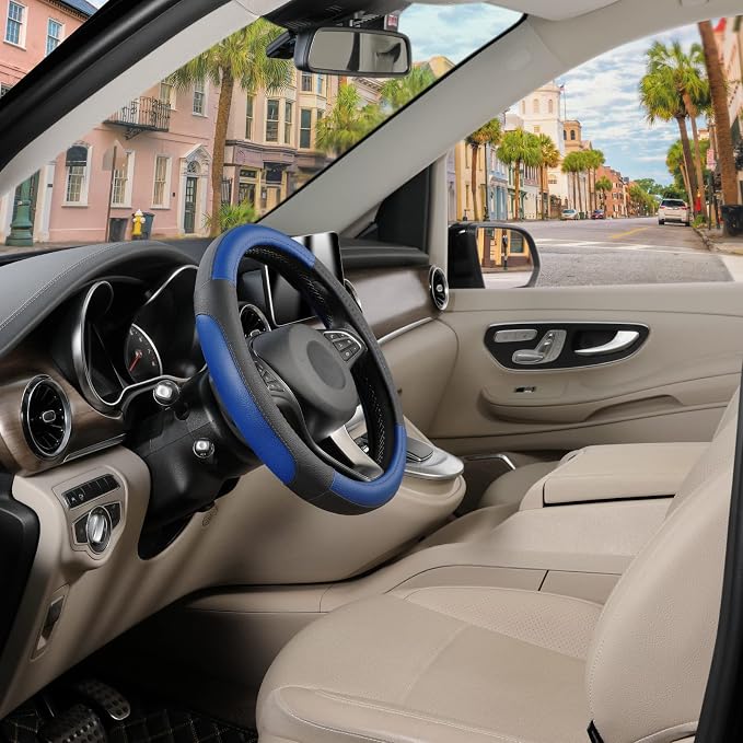 SEG Direct Steering Wheel Cover 14.5-15 inch Car Auto Interior Accessories | Universal Medium Standard Size 37-39cm for Car Truck SUV, Microfiber Leather, Anti-Slip Comfortable Grip, Black and Blue - Image 8