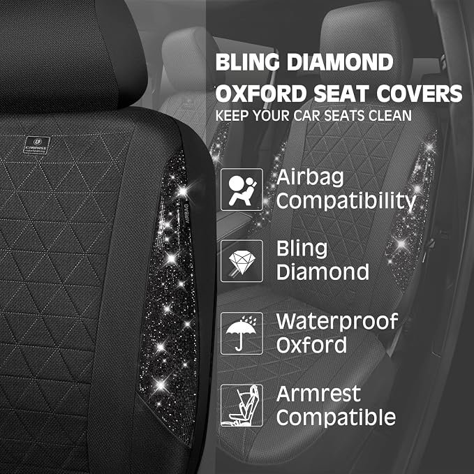 CAR PASS Oxford Bling Diamond Car Seat Covers Full Set Interior Sets, Waterproof Shining Glitter Sparkly Crystal Universal Armrest Fit 95% Automotive Truck SUV Cute Women Girl, All Black Rhinestone - Image 7