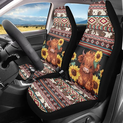 Highland Cow Aztec Car Seat Covers for Front Seats Cow Sunflower Car Accessories for Women Men Washable and Breathable Car Seat Cover Set of 2 for Trucks SUV Sedans - Image 2