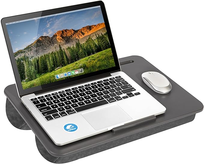 LAPGEAR The Original Lap Desk – Charcoal, Fits 17" Laptops | Microbead Cushion, Device Ledge, Built-In Pencil Tray, Carry Handle by LapGear