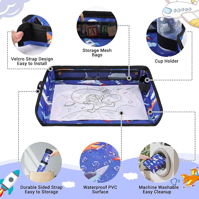 COOLBEBE Airplane Tray Table Cover, Foldable Travel Tray Cover | for Toddlers 1-3, Universal Fit for Airplane, Car Seat, High Chair, Machine Washable, Portable, Blue Plane - Image 6