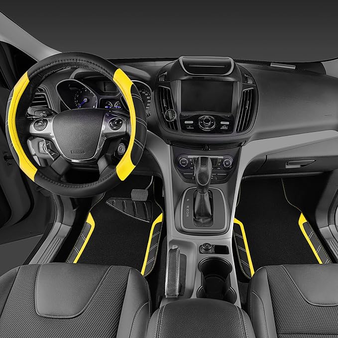 CAR PASS Leather Steering Wheel Cover and Waterproof Car Floor Mats,Microfiber Universal Car Combo Fit for 95% Sedan SUV Van Truck,14.5-15 inch Sporty Anti-Slip Safety Comfortable Design, Black＆Yellow - Image 3