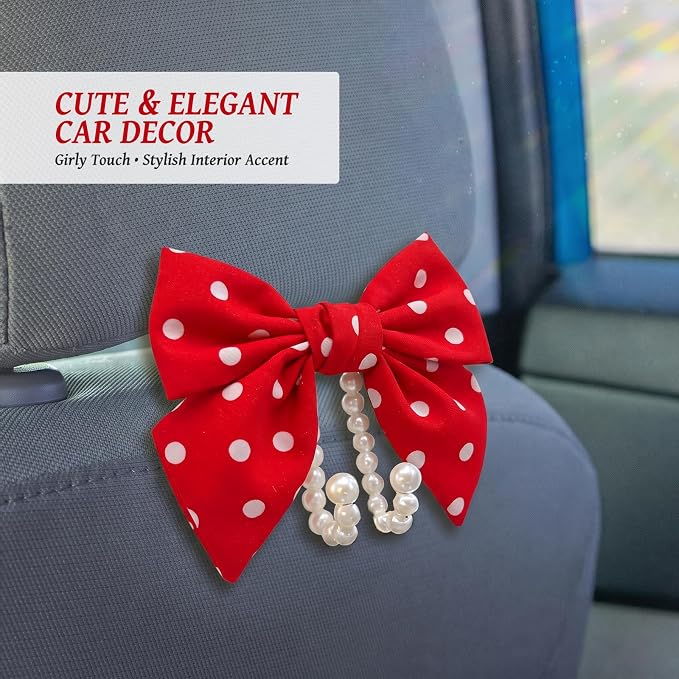 2 PCS Bow Pearl Car Seat Headrest Hook – Cute Purse Hook for Car, Girly Interior Decoration Accessories Hook Hanger, Seatback Holder for Purses & Bags, Elegant Car Organizer (Red Polka Dot) - Image 5