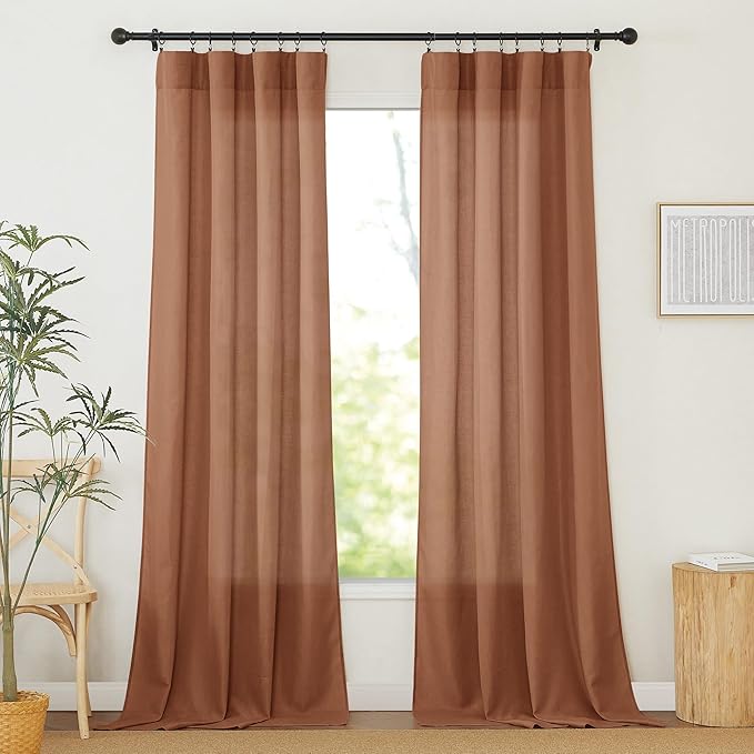 RYB HOME Linen Sheer Curtains 2 Panels for Living Room, Semi Transparent Privacy Drapes with Rod Pocket Farmhouse Style Window Treatments for Bedroom, Brunt Orange, 52" W x 90" L by RYBHOME