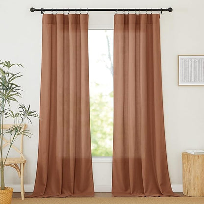 RYB HOME Linen Sheer Curtains 2 Panels for Living Room, Semi Transparent Privacy Drapes with Rod Pocket Farmhouse Style Window Treatments for Bedroom, Brunt Orange, 52" W x 90" L by RYBHOME