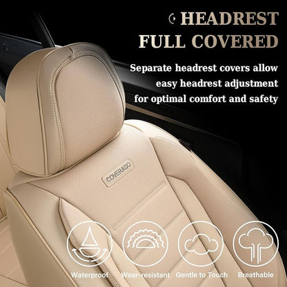 Coverado Front and Back Seat Covers for Cars, Nappa Leather Car Seat Covers, Automotive Seat Covers for Trucks, 5 Seats Waterproof Carseat Protector Car Seat Cover Beige, Universal Fit for Most Cars - Image 8