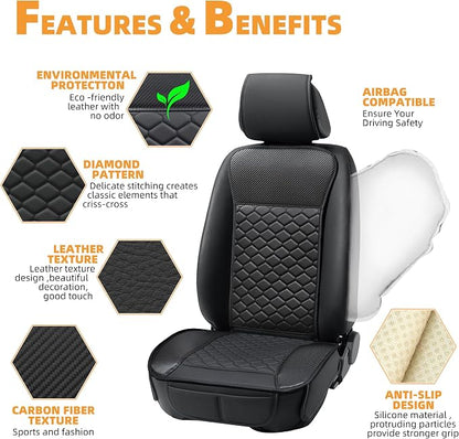 Elantrip Carbon Fiber Leather Car Seat Covers Front 2PC Waterproof Black | Carbon fiber-textured faux leather — sport-performance feel, waterproof & scratch-proof - Image 3