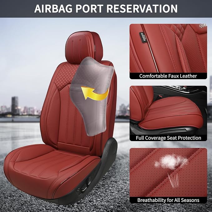 Red Car Seat Covers Full Set, Universal Leather Seat Cover for Cars 5 Seats, Waterproof and Breathable Automotive Seat Cover Front and Rear Seat Covers for Most Trucks, Sedans, SUVs - Image 3