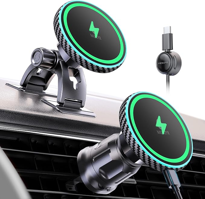 for iPhone Magsafe Car Mount Charger Vent-LED Wireless Car Charger | Magnetic Car Phone Holder HandsFree Car Mount Fast Car Charger for iPhone 17/16/15/14/13/12 Series Carbon Firber by MOKPR