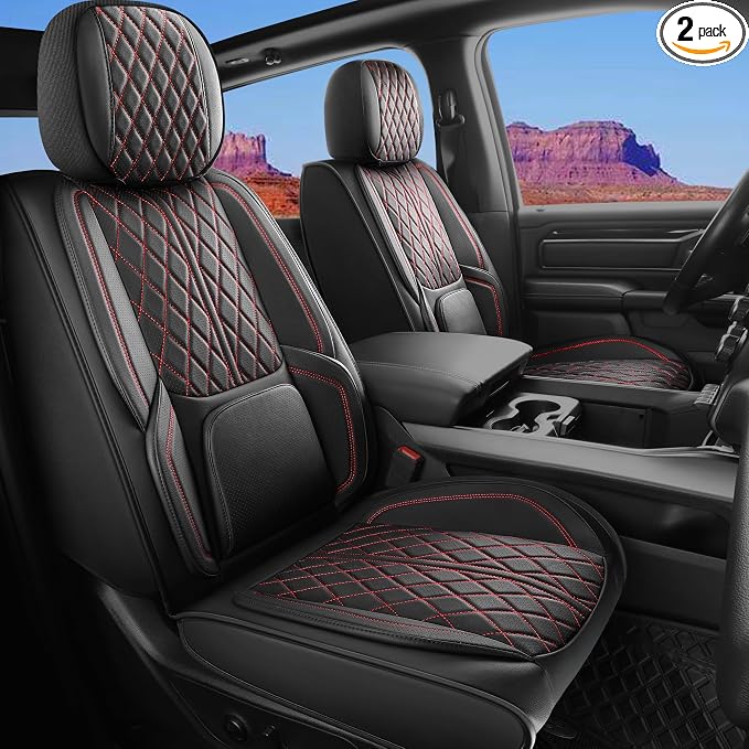 Custom Fit Chevy Silverado GMC Sierra 1500 2007-2026 2500/3500 HD Crew Cab Faux Leather Front Seat Covers - 2 Pack, Waterproof & Breathable Car Seat Protector for Truck, BlackRedLine by DuDuWang