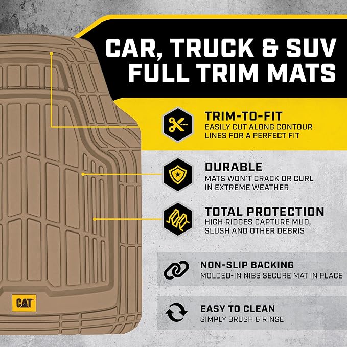 Cat® ToughRide™ Heavy-Duty 3 Piece Rubber All Season Floor Mats for Car Truck Van SUV, Beige - Premium Trim to Fit Cars Floor Mat, All Weather Deep Dish Automotive Floor Mats, Total Dirt Protection - Image 2