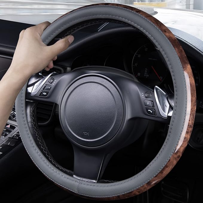 CAR PASS Wood Grain Microfiber Leather Steering Wheel Cover, Universal Fit for 14 1/2-15 inch Gray Steering Wheel, Anti-Slip Veins Design,Cars, Suvs,Minivans, Sedans (Gray) - Image 5