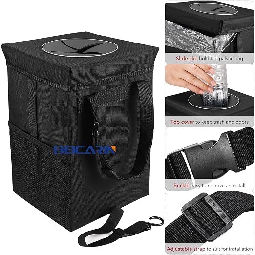 Beicarin Car Trash Can with Lid - Car Trash Bag Hanging with Storage Pockets Collapsible and Portable Car Garbage Bin, Leak-Proof Car Organizer, 1.82 Gallons Multipurpose Trash Bin for Car - Image 6