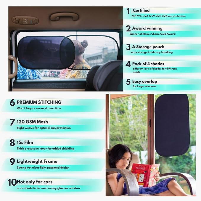 Car Window Shades - Certified 99.79% UVA & 99.95% UVB Sun Protection. Award Winning car Sun Shade for Side Windows. 4 Pack Semi Transparent 22" x 14" - Window Shade for car Baby by Kinder Fluff - Image 3