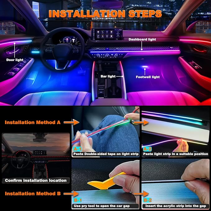Jushope Interior Car LED Strip Lights, Acrylic LED Lights for Car with Dynamic Dreamcolor Chasing, Ambient Lighting Kits Music Sync Wireless APP and RF Remote Control (2 * 29.5'') - Image 6