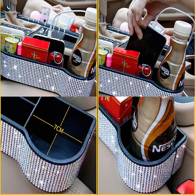 Car Seat Side Drop Organizer, Sparkle Car Seat Gap Filler, Car Seat Console Storage Organizer, Crystal Car Seat Pockets with Cup Holder and Two Charging Ports for Co-Driver. - Image 2