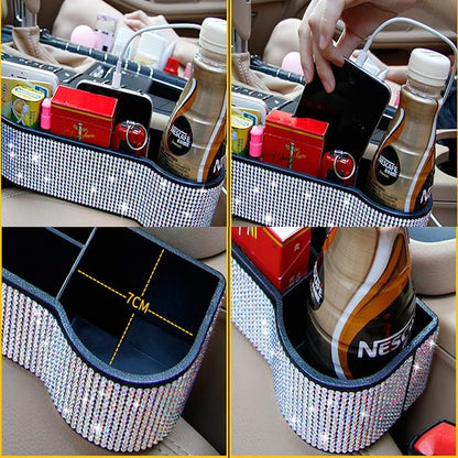 Car Seat Side Drop Organizer, Sparkle Car Seat Gap Filler, Car Seat Console Storage Organizer, Crystal Car Seat Pockets with Cup Holder and Two Charging Ports for Co-Driver. - Image 2