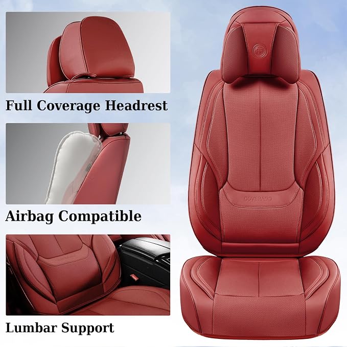 Coverado Universal Seat Covers Full Set, 5 Seats Universal Seat Covers for Cars, Waterproof Faux Leather Car Seat Covers with Head Pillow, Auto Protectors Fit for Most Sedans SUV Pick-up Truck-Red - Image 5