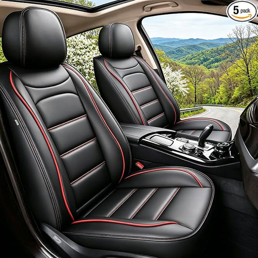 IKABEVEM Car Seat Covers Full Set Fit for Nissan Frontier 2007-2025 2026: 5 Seat Auto Interior Accessories, Waterproof Faux Leather Vehical Car Seat Cushion Covers(Black&Redline) by IKABEVEM