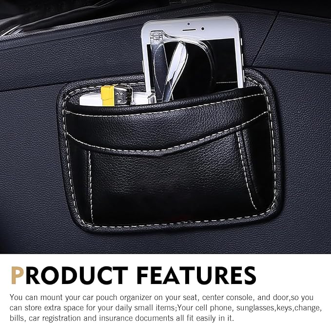Car Seat Side Pocket Organizer, Black PU Leather Mini Auto Seat Storage Bag, Pen Phone Holder Tray Pouch Vehicle Seats Gap Filler, Universal Organize for Documents Registration Notepad - Image 3