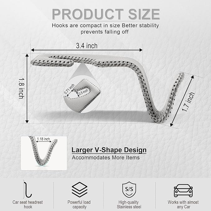 LivTee Gray Superior Leather Car Seat Back Headrest Hook, Auto Seat Hook Hangers Interior Accessories for Purse Coats Umbrellas Grocery Bags Handbag, 2-Pack - Image 3