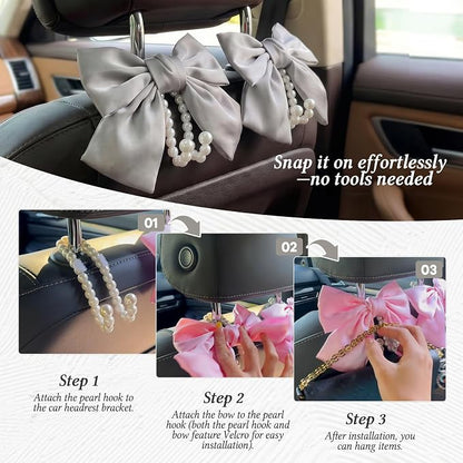 2PCS Satin Bow Pearl Car Seat Headrest Hooks – Car Bag Holder & Vehicle Hanger for Purses – Cute Coquette Aesthetic Interior Decoration – Cute Auto Organizer Accessories Universal (Moonlight Grey) - Image 6