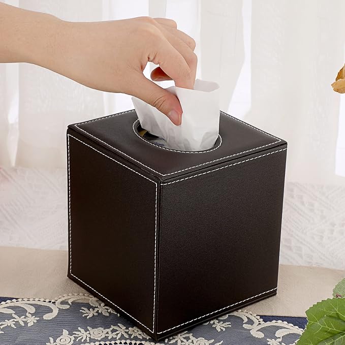 Sumnacon Square Tissue Box Cover,Magnetic Bottom PU Tissue Box Holder,Brown | Cube Leather Tissue Box Covers,Decorative Tissue Box for Bathroom Vanity Dresser Night Stand Table Countertop Office Car - Image 2