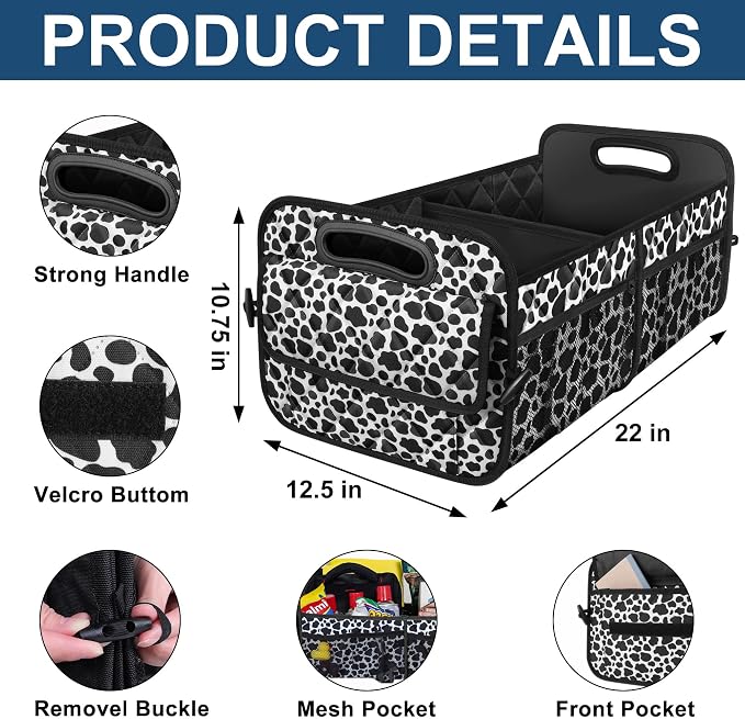 Deosk Trunk Organziers and Storage with Reinforced Handles,Car Accessories for Women/Men 50L Waterproof Polyester Trunk Organzier for Car/SUV/Minivan/Truck(Medium, Cow print) - Image 3