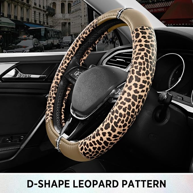 Road Comforts Leopard Steering Wheel Cover for Women, Cute Anti-Slip Microfiber Leather, Fits D Shape Flat Bottom Steering Wheel 14.5-15 Inch - Beige - Image 6