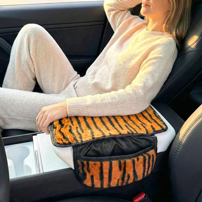 Plush Animal Print Car Center Console Cover with Side Pockets, Fluffy Armrest Cushion Pad.,Soft Car Interior Accessories with Storage for Women. Universal Fit for Vehicles SUV Truck (Tiger Print) - Image 3