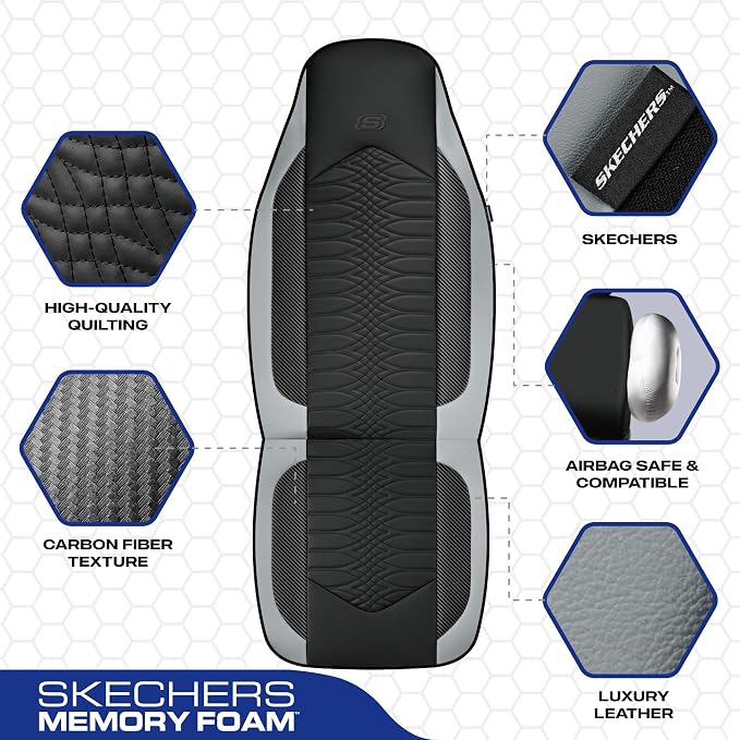 Skechers Memory Foam Car Seat Covers, Leather High Back Seat Covers Quilting Design,Waterproof Sports Car Seat Covers Front Seats,Airbag Compatible, Universal Fit for Most Cars, SUVs,Trucks,Gray - Image 3