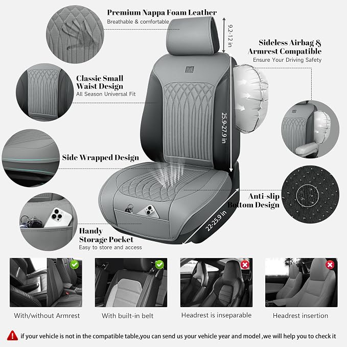 CAR PASS Car Seat Protector, 2 Pack Sideless Nappa Leather Seat Covers for Cars, All Season Waterproof Breathable Front Seats Cushion with Storage Pocket Universal Fit Vehicle Car SUV Truck, All Gray - Image 2