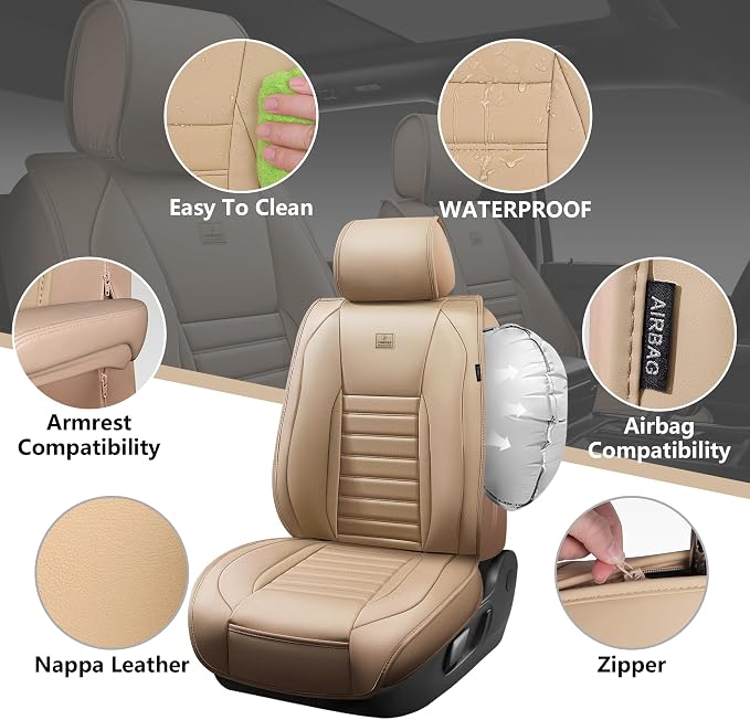 CAR PASS Nappa Leather Car Seat Covers Full Set, Luxury Seat Protector for Cars, Waterproof Anti-Slip Car Seat Cushion Armrest Compatible Airbag Universal for Sedan SUV Pick-up Truck Automotive, Beige - Image 5