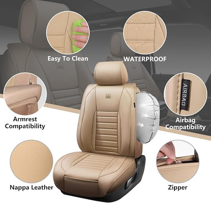 CAR PASS Nappa Leather Car Seat Covers Full Set, Luxury Seat Protector for Cars, Waterproof Anti-Slip Car Seat Cushion Armrest Compatible Airbag Universal for Sedan SUV Pick-up Truck Automotive, Beige - Image 5