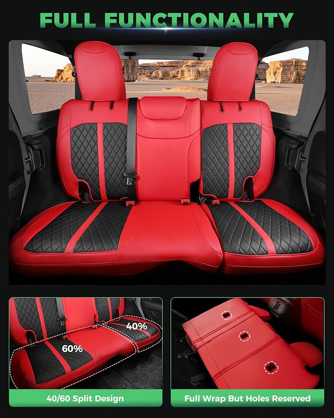 RIDEPOSH for Jeep Wrangler Leather Custom Car Seat Covers Full Set 4 Door | 2018-2026 JL, without Rear Cup Holder, Not for 4XE, Luxury Waterproof Protector, 40/60 Spilt, 5 Seats, Full Coverage, Durable - Image 4