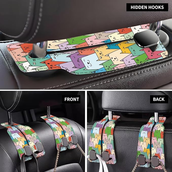 Car Seat Back Storage Headrest Hook, Premium Leather Double Metal Hook, Hanger Storage Organizer for Purse Cloth Bag, Car Interior Accessories Cute Colorful Cats - Image 4