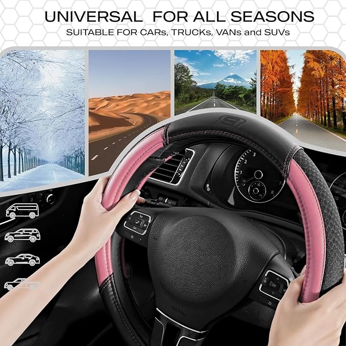 Skechers Air-Cooled Steering Wheel Cover,Leather Car Steering Wheel Cover Universal Fit 14" 1/2-15" Car Wheel Protector for Men Women Fit Suvs,Vans,Sedans,Car,Trucks,Pink - Image 7
