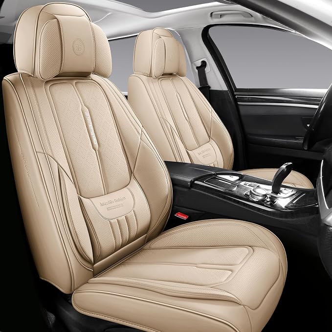 Universal Fit Premium Beige Leather 5-Seats Car Seat Covers | Waterproof full-set seat protector for Cars,SUVs,Trucks,airbag-safe,wipe-clean,10-min install,all-season car seat cushion. by NSYOLO