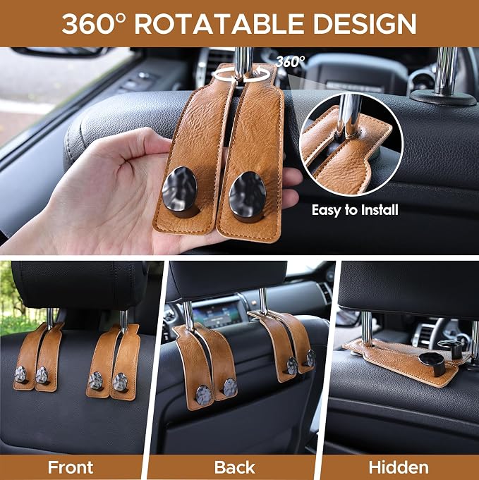 4 PCS Leather Car Seat Hooks for Headrest, Vehicle Hanger Storage Organizer Universal for Handbag Purse, Car Accessories Gift (Brown-Black-4 PCS) - Image 4