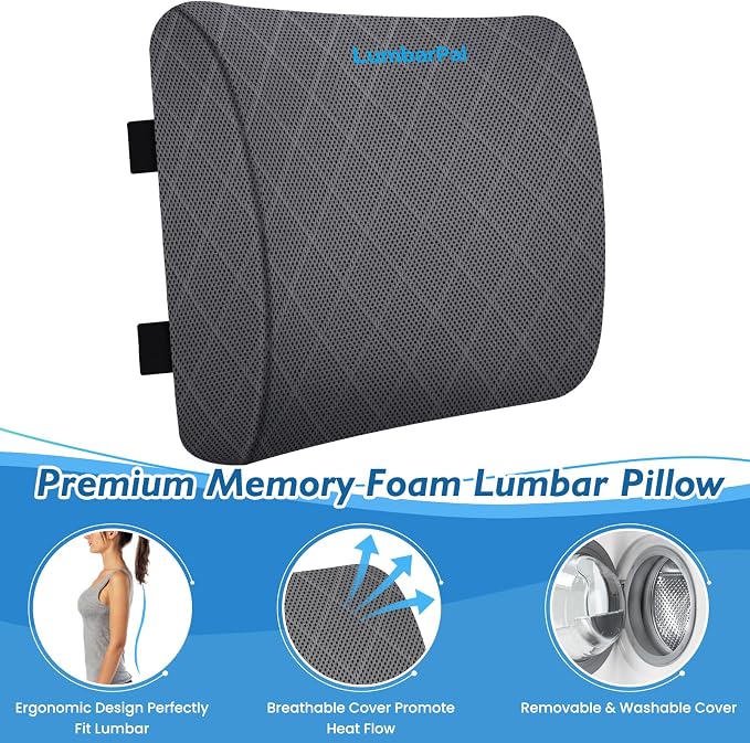 Lumbar Support Pillow for Office Chair, Back Support, Memory Foam, Grey | Improve Sitting Posture & Back Pain Relief. Lumbar Pillow Fits Office, Gaming & Car Chairs with Adjustable Dual Straps - Image 3