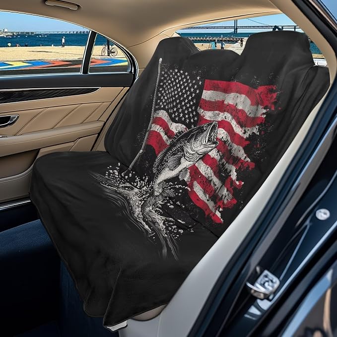 American Flag Bass Fish Print Rear Bench Towel Seat Covers, 250th Anniversary Dog Car Seat Cover for Back Seat, Waterproof Universal Fit Interior Protector for Auto, Van, SUV by LACIYISON