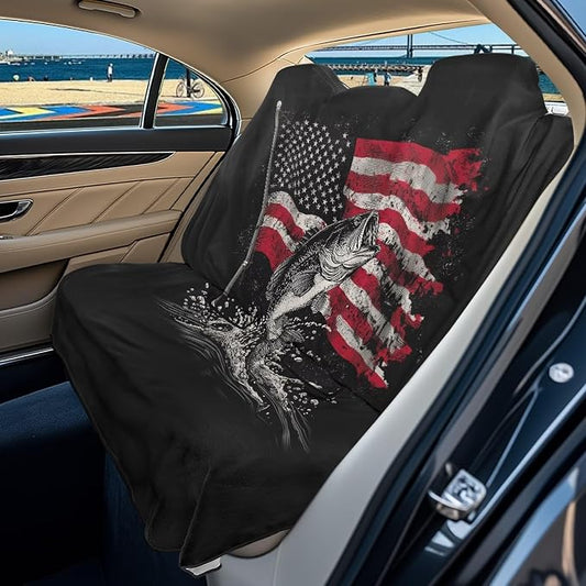 American Flag Bass Fish Print Rear Bench Towel Seat Covers, 250th Anniversary Dog Car Seat Cover for Back Seat, Waterproof Universal Fit Interior Protector for Auto, Van, SUV by LACIYISON