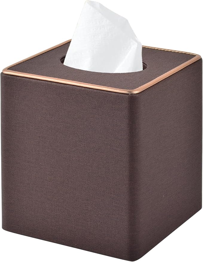 Linen Square Tissue Box Cover,Cube Tissue Box Holder－Excellent Rosegold Leather Decoration,Table Napkin Case Dispenser,Facial Tissues Organizer with Magnetic Bottom for Home Office Car(Coffee) by RHCSZ