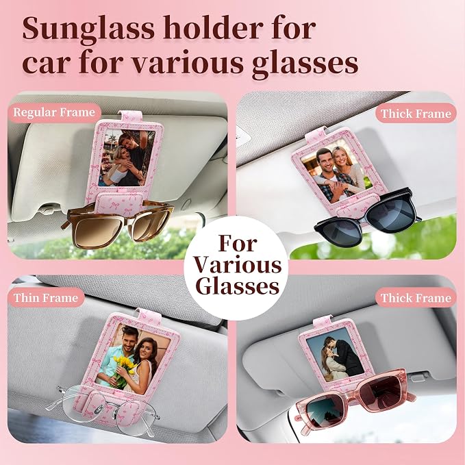 Sunglass Holder for Car, 2 in 1 Sunglass Visor Clip with Photo Frame | Leather Cloth, Magnetic Interior Car Accessories, Holds Paper Tickets, Universal Visor Fit, Custom Photo Slot, Pink - Image 2