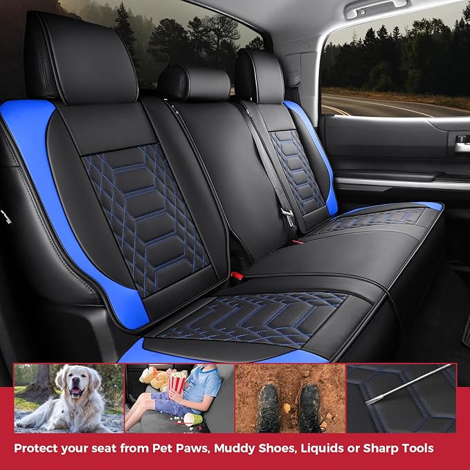 FREESOO Custom Leather for Toyota Tundra Seat Covers 2014-2021 Crewmax Cab | Custom Fit, Full Set, 60/40 Split Bench, Waterproof Faux Leather, for Truck Toyota Tundra Accessories, Blue - Image 7
